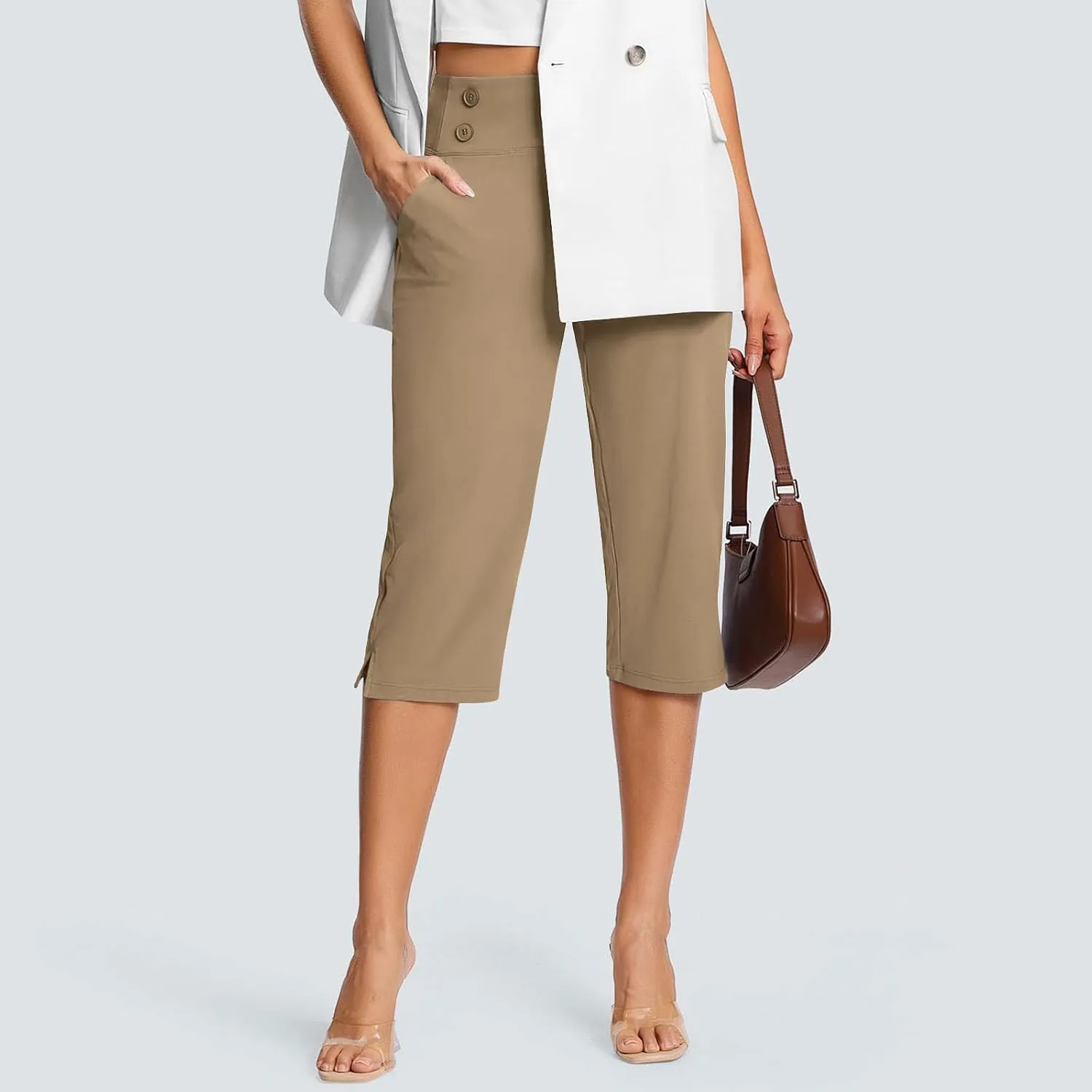 Dressy Capri Pants for Women High Waist Stretch Office Work Crop Pant Soft Dress Suit Pants Yoga Slacks with Pocket