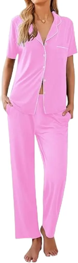 Ekouaer Women Pajamas Set Button Down Sleepwear Short Sleeve Nightwear with Long Pants Soft Pjs Set S-XXL