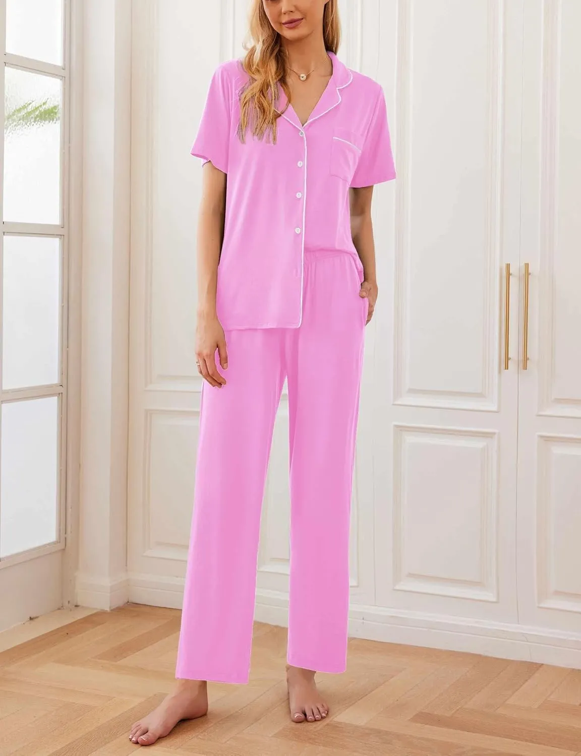 Ekouaer Women Pajamas Set Button Down Sleepwear Short Sleeve Nightwear with Long Pants Soft Pjs Set S-XXL