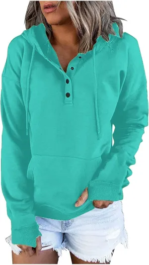 Fall Hoodies for Women Fashion 2023 Button Down Thumb Hole Hooded Sweatshirt Casual Pullover Tops with Kangaroo Pocket