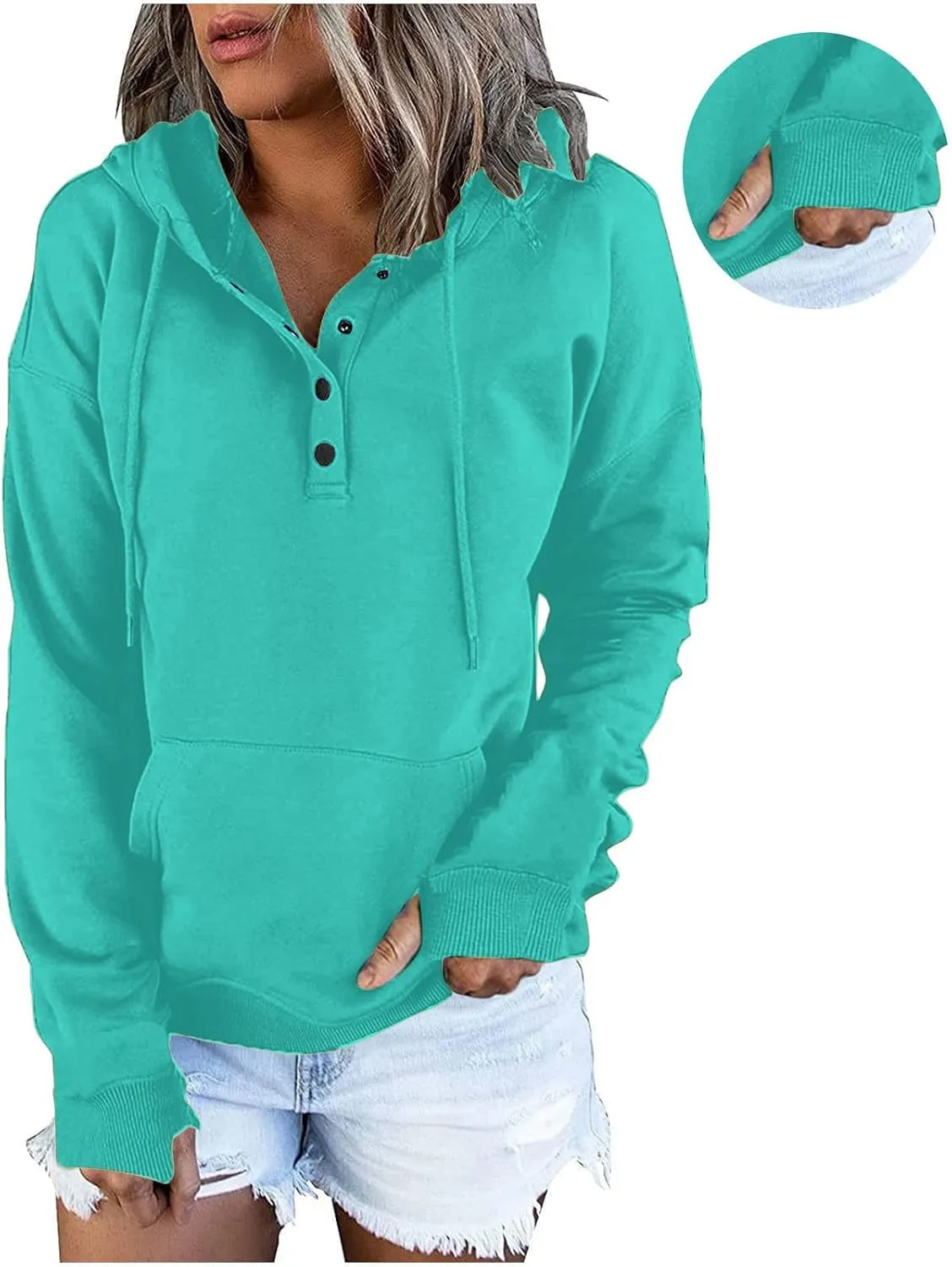 Fall Hoodies for Women Fashion 2023 Button Down Thumb Hole Hooded Sweatshirt Casual Pullover Tops with Kangaroo Pocket