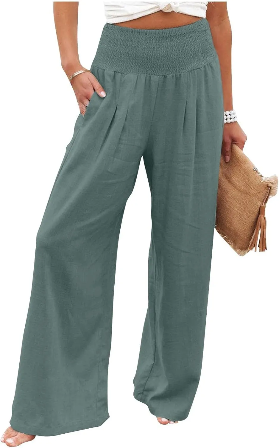 Fall Linen Pants for Women Summer Wide Leg High Waisted Pants Casual Elastic Waist Palazzo Pants with Pockets