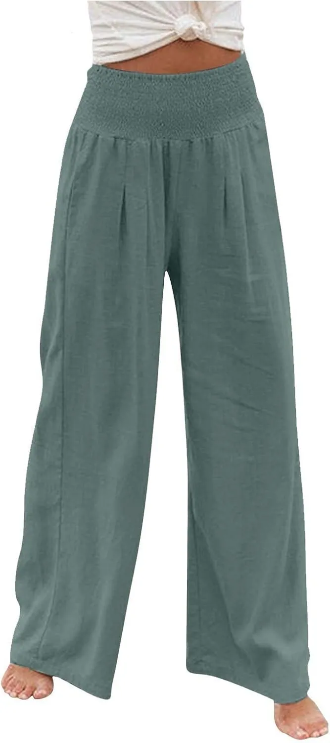 Fall Linen Pants for Women Summer Wide Leg High Waisted Pants Casual Elastic Waist Palazzo Pants with Pockets