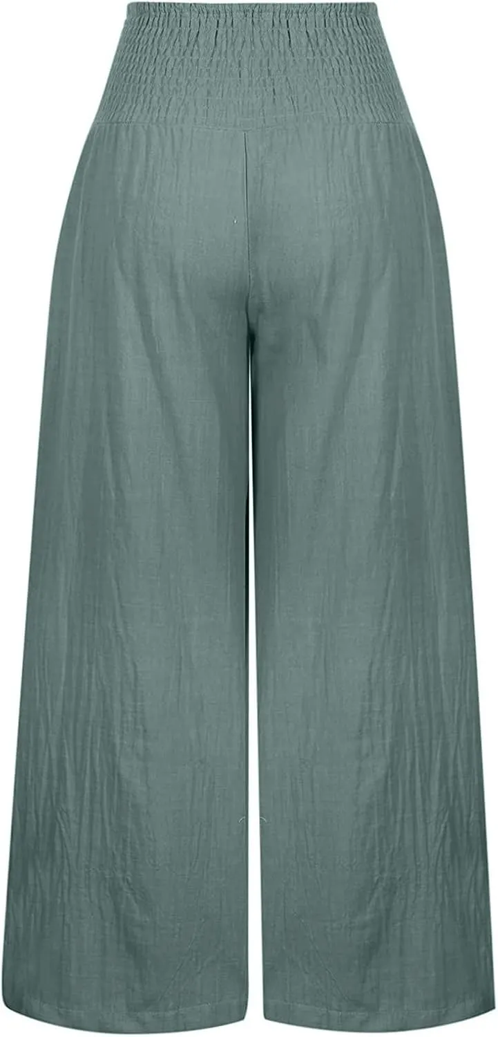 Fall Linen Pants for Women Summer Wide Leg High Waisted Pants Casual Elastic Waist Palazzo Pants with Pockets