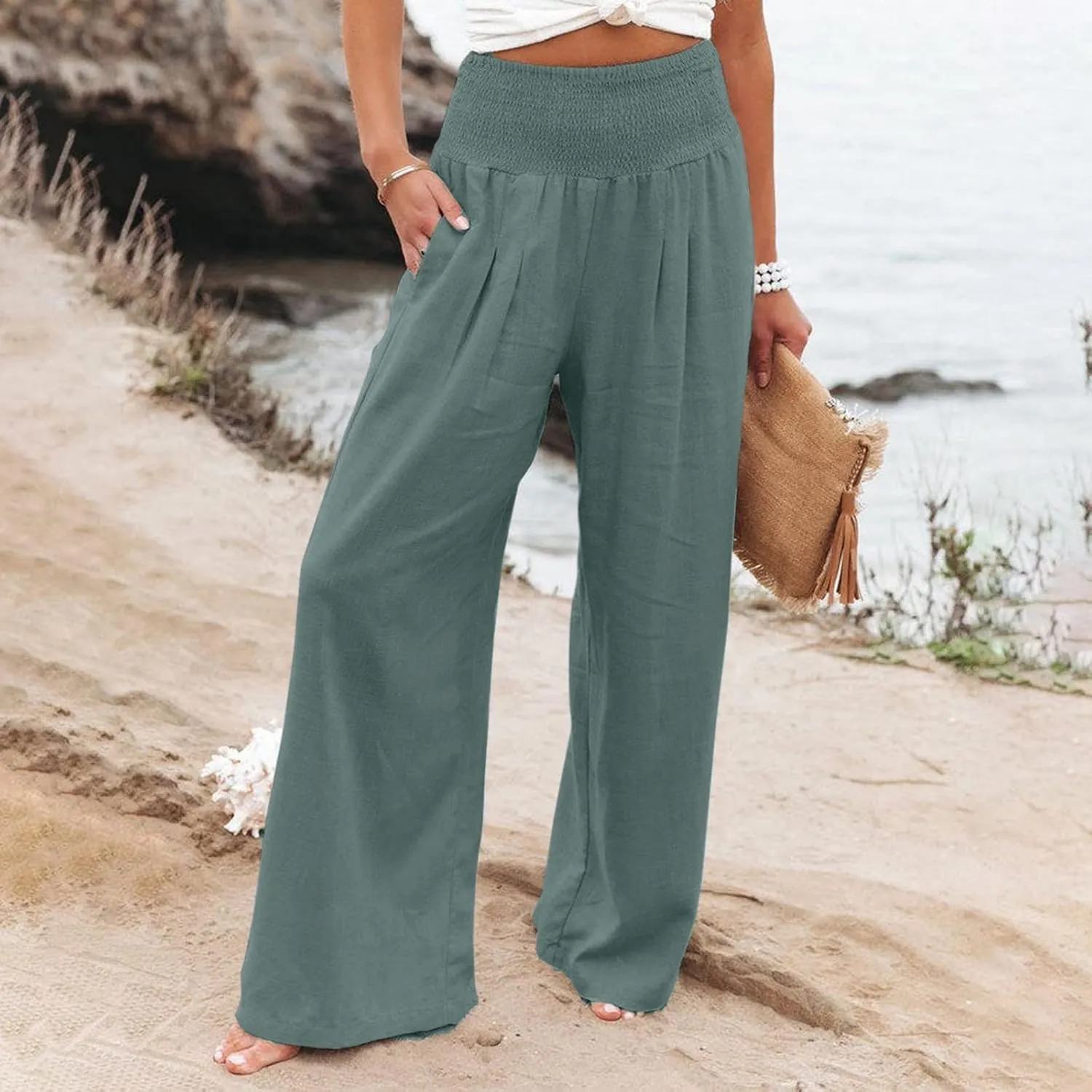 Fall Linen Pants for Women Summer Wide Leg High Waisted Pants Casual Elastic Waist Palazzo Pants with Pockets