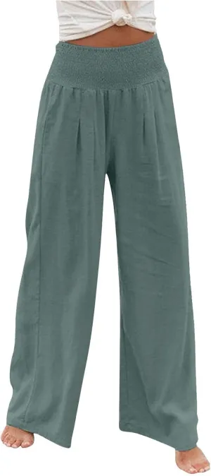 Fall Linen Pants for Women Summer Wide Leg High Waisted Pants Casual Elastic Waist Palazzo Pants with Pockets