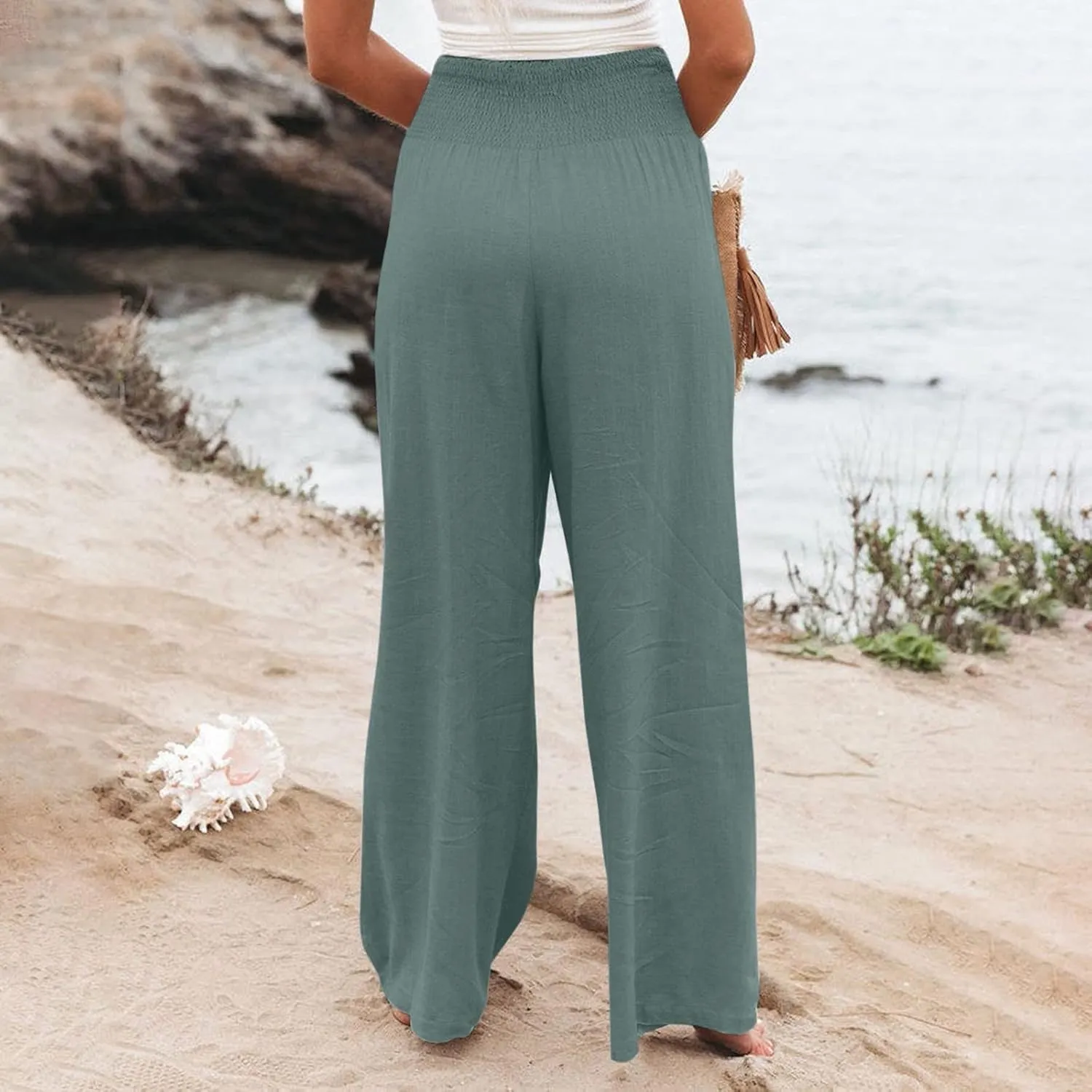 Fall Linen Pants for Women Summer Wide Leg High Waisted Pants Casual Elastic Waist Palazzo Pants with Pockets