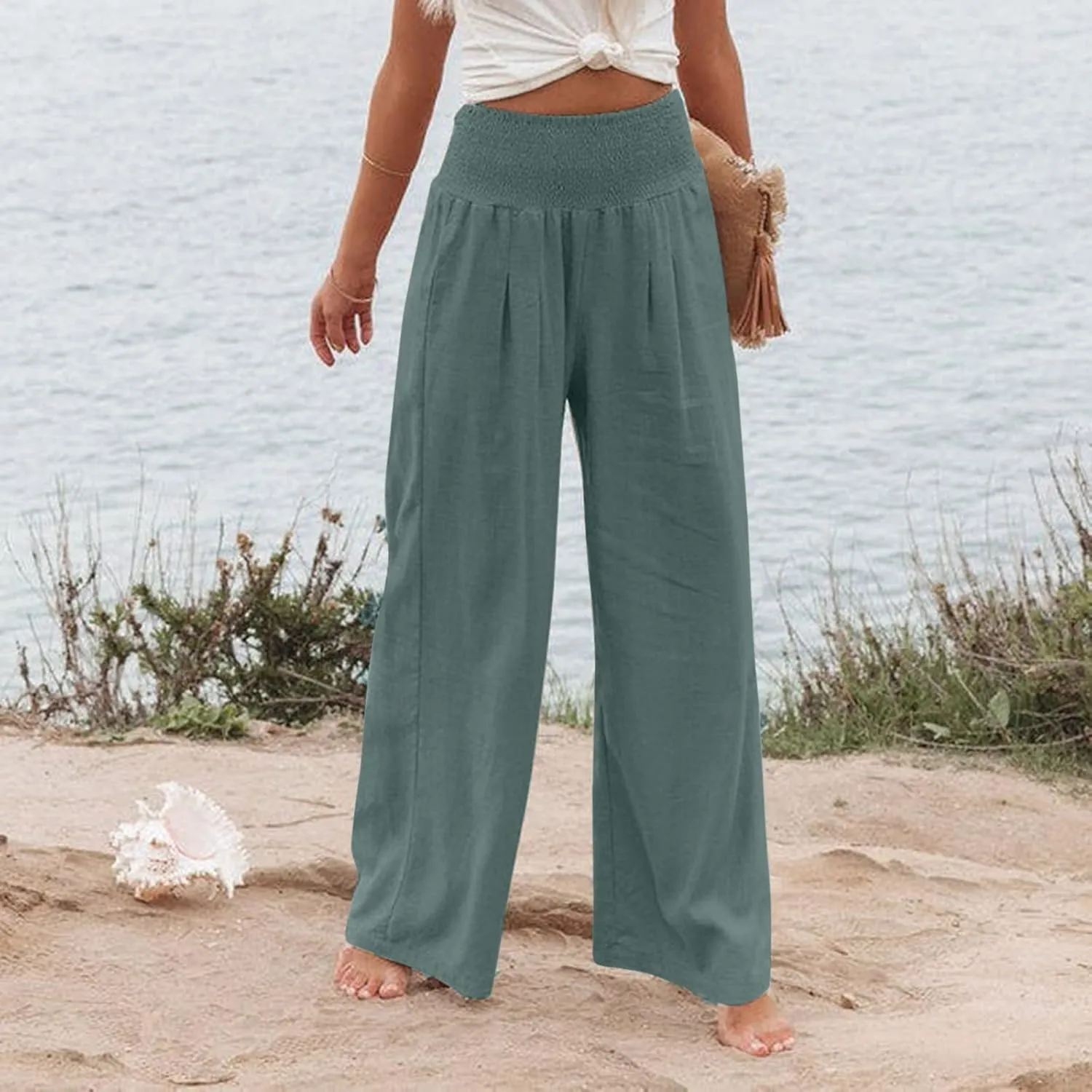 Fall Linen Pants for Women Summer Wide Leg High Waisted Pants Casual Elastic Waist Palazzo Pants with Pockets