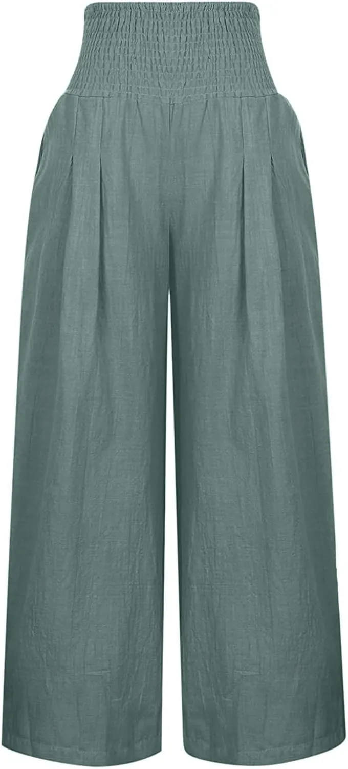 Fall Linen Pants for Women Summer Wide Leg High Waisted Pants Casual Elastic Waist Palazzo Pants with Pockets