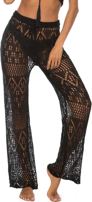 FEOYA Women Crochet Cover Up Pants Hollow Out High Waist Beach Pants Knit Swimsuit Coverup Pants
