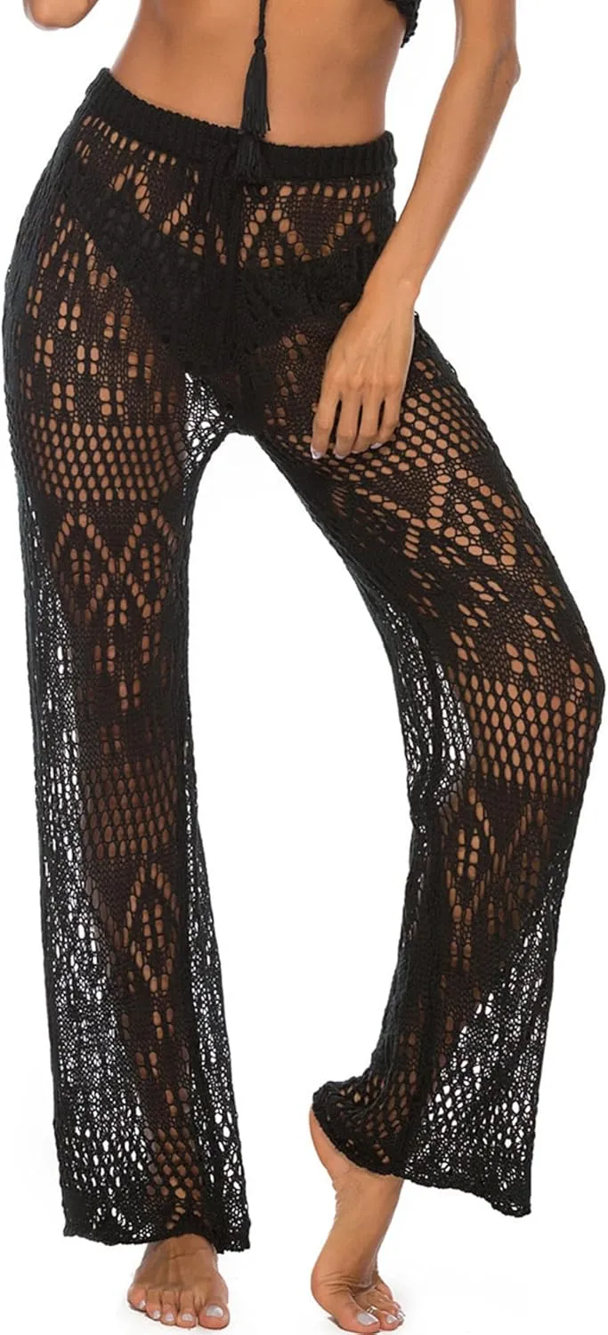 FEOYA Women Crochet Cover Up Pants Hollow Out High Waist Beach Pants Knit Swimsuit Coverup Pants