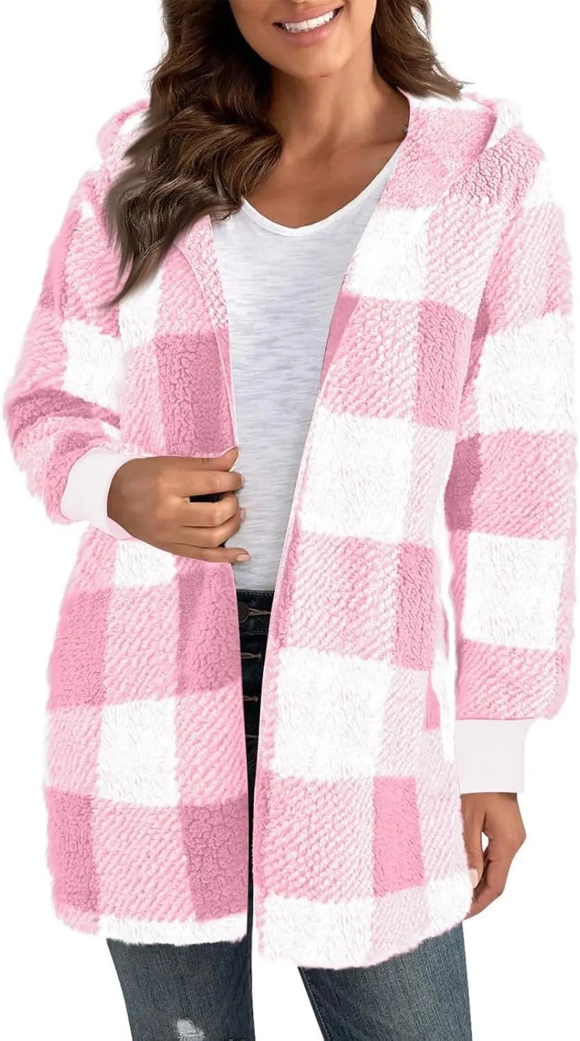 Flannel Jacket Women Sherpa Lined Open Front Hooded Cardigan Sweaters Plus Size Plaid Shacket Fall Winter Teddy Coat
