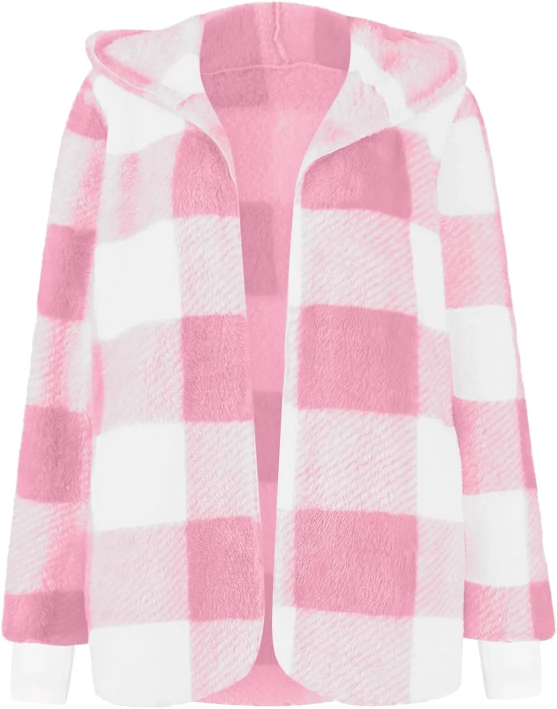 Flannel Jacket Women Sherpa Lined Open Front Hooded Cardigan Sweaters Plus Size Plaid Shacket Fall Winter Teddy Coat