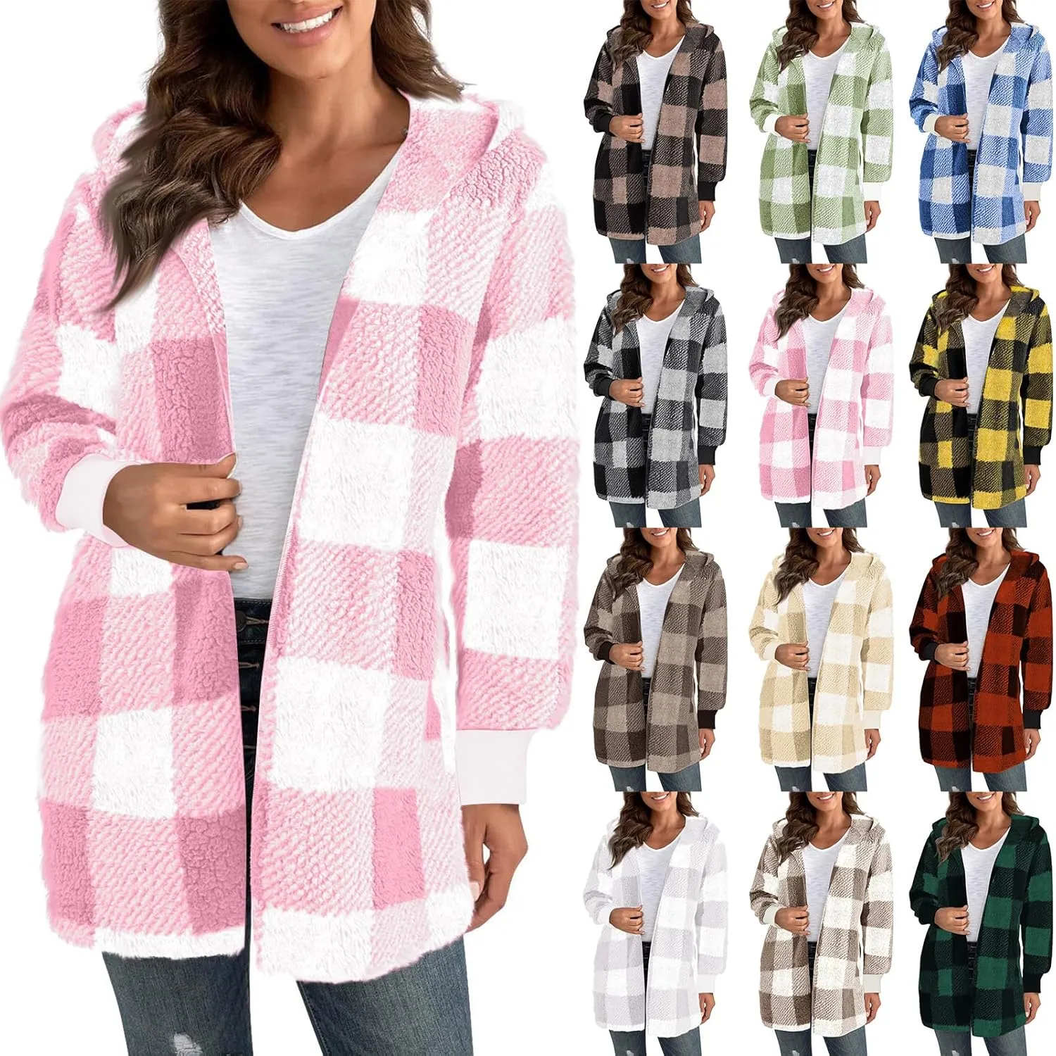 Flannel Jacket Women Sherpa Lined Open Front Hooded Cardigan Sweaters Plus Size Plaid Shacket Fall Winter Teddy Coat