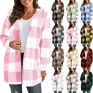 Flannel Jacket Women Sherpa Lined Open Front Hooded Cardigan Sweaters Plus Size Plaid Shacket Fall Winter Teddy Coat