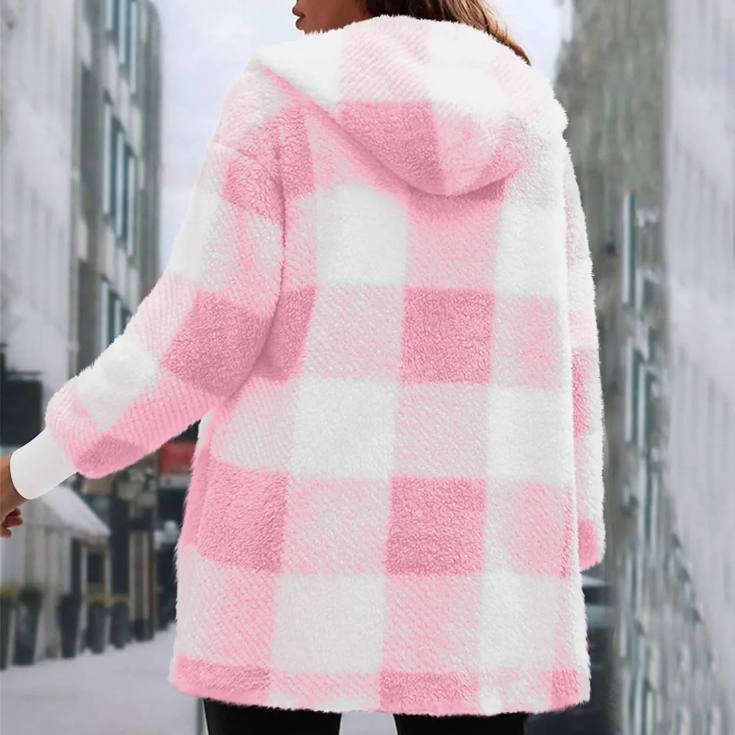 Flannel Jacket Women Sherpa Lined Open Front Hooded Cardigan Sweaters Plus Size Plaid Shacket Fall Winter Teddy Coat