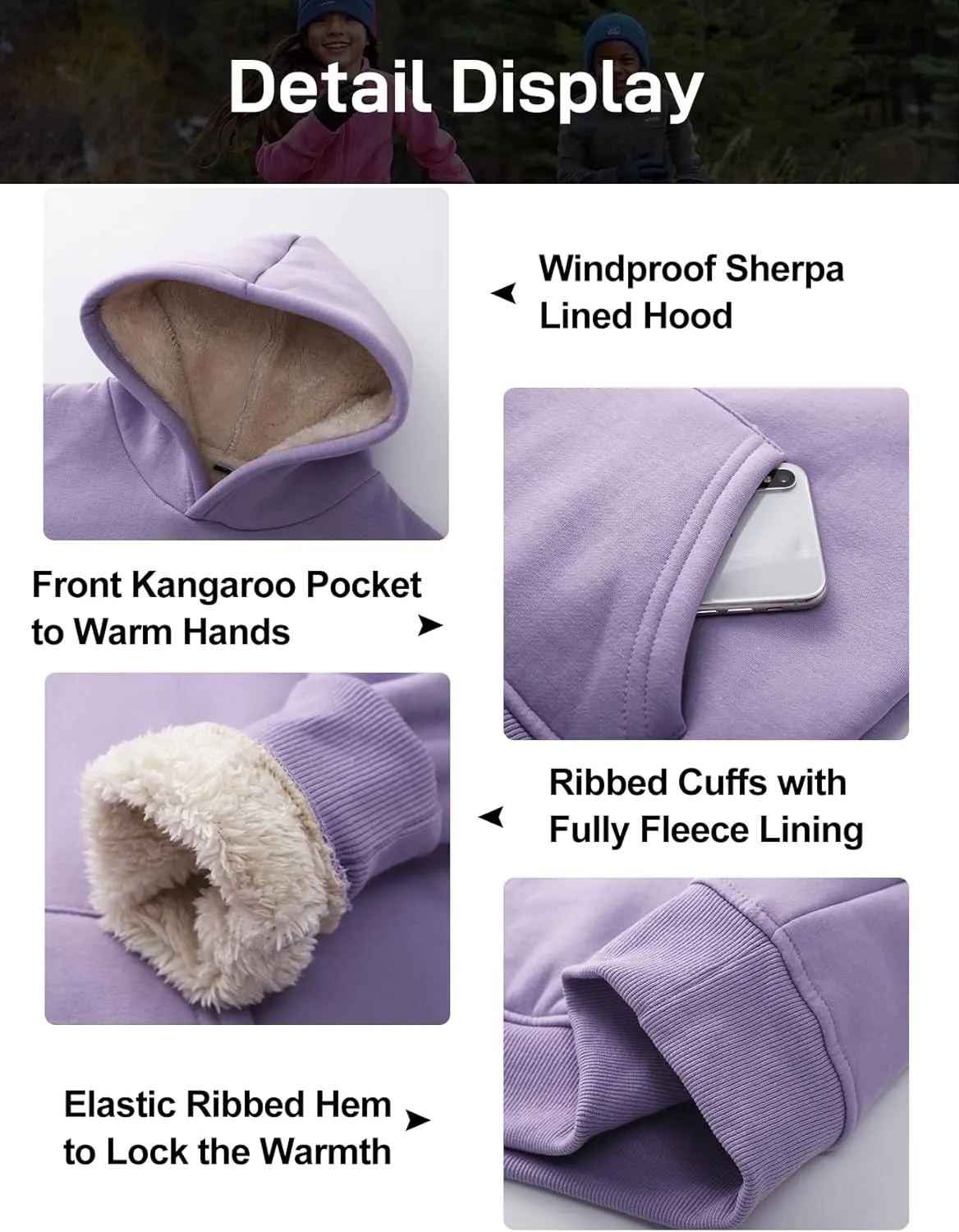 Flygo Unisex Boys Girls Fleece Lined Sherpa Hoodie Kids Warm Winter Hoodies Pullover Hooded Sweatshirt Sweater 4-13Y
