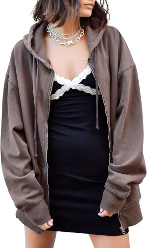 FOMOYUU Womens Oversized Zip Up Hoodie Y2K Jacket Baggy Loose Basic Zipper Hooded Sweatshirt Coat