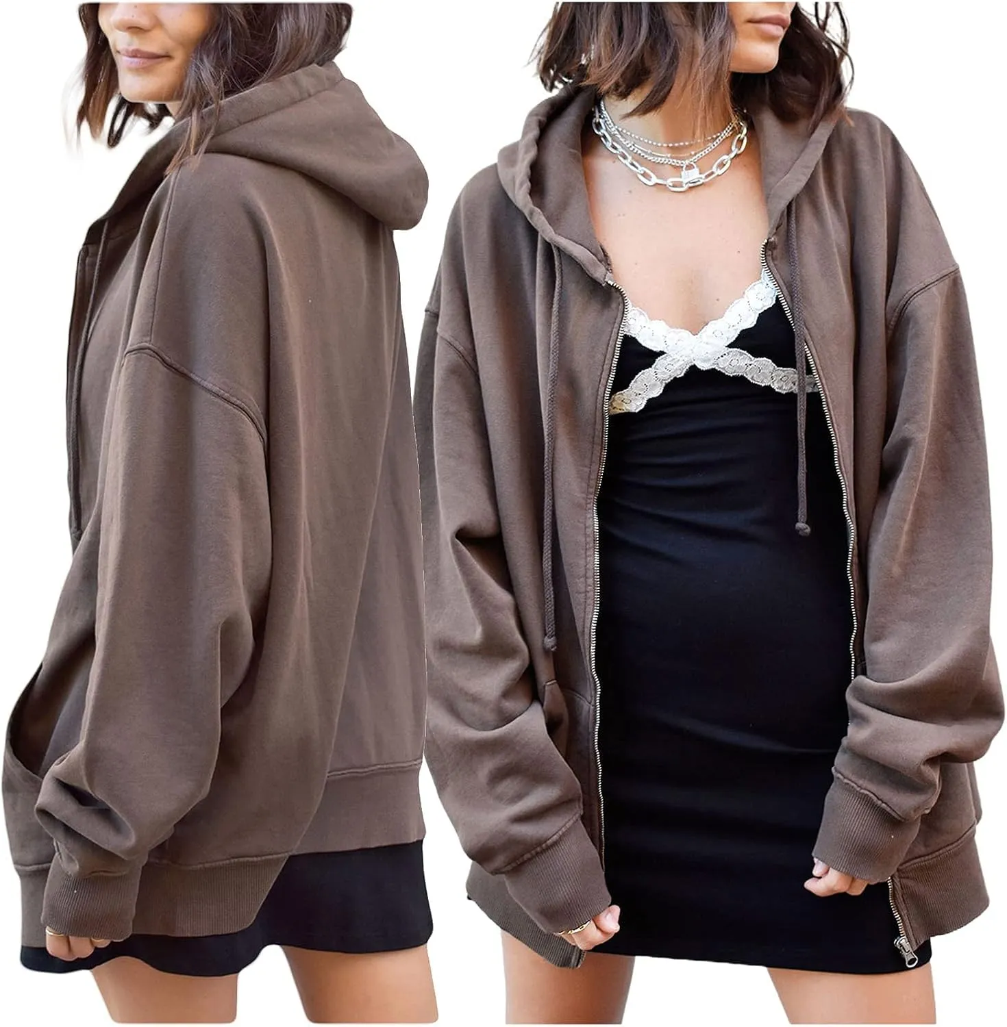 FOMOYUU Womens Oversized Zip Up Hoodie Y2K Jacket Baggy Loose Basic Zipper Hooded Sweatshirt Coat