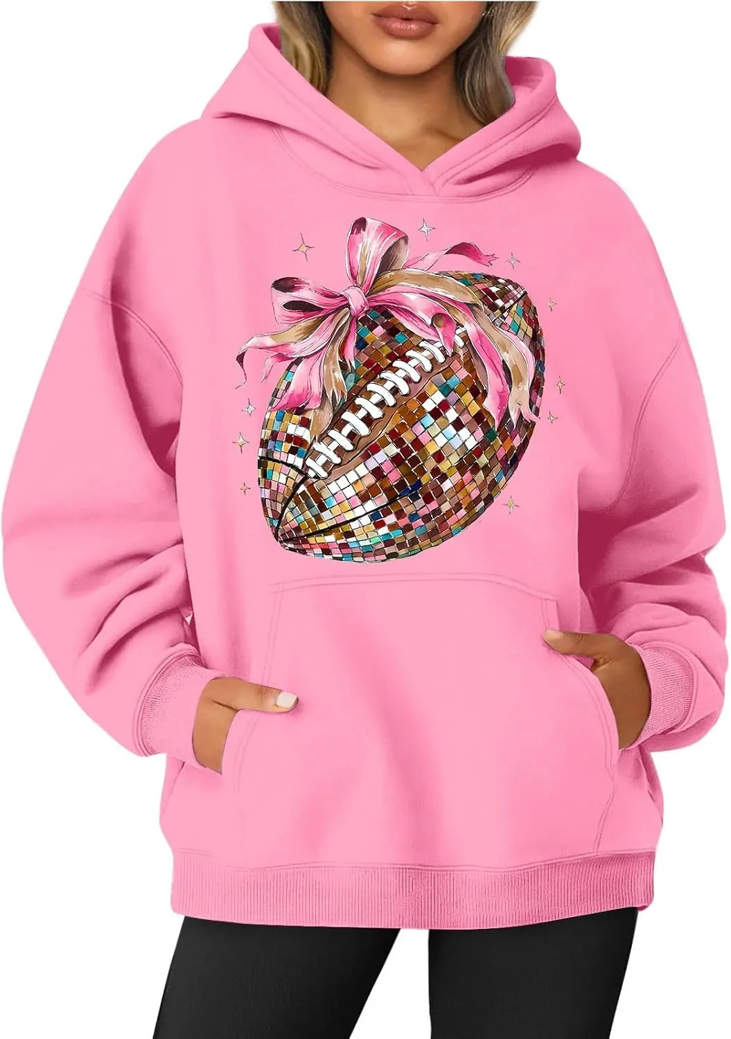 Football Season Sweatshirt Women Game Day Sweatshirt Round Neck Long Sleeve Rugby Print Pullover Top Hoodie