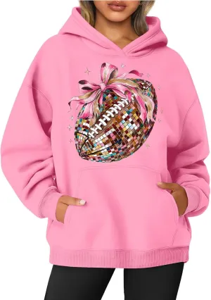Football Season Sweatshirt Women Game Day Sweatshirt Round Neck Long Sleeve Rugby Print Pullover Top Hoodie