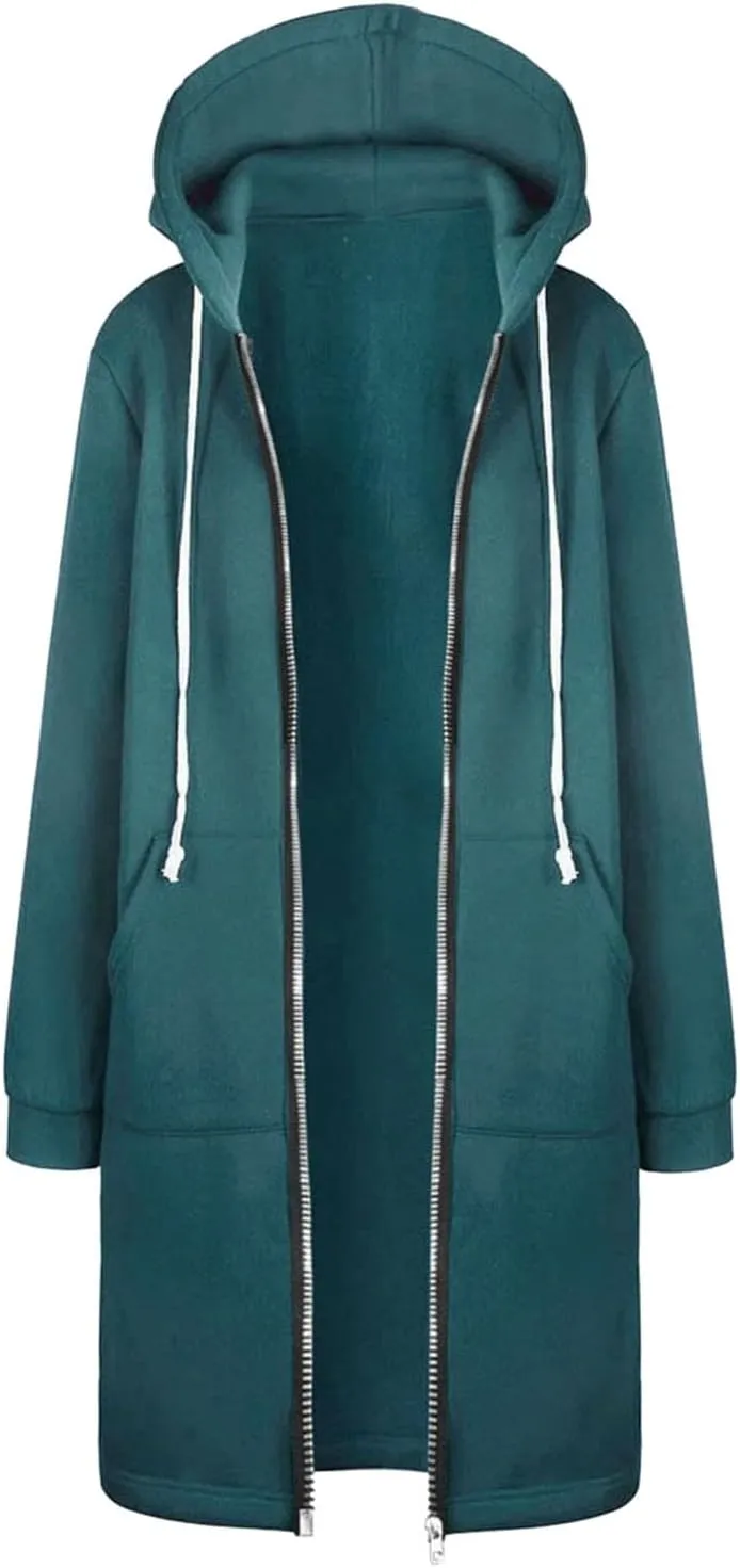 Full Zip Up Hoodies for Women Lightweight Long Sleeve Long Tunic Sweatshirt Oversize Casual Loose Outdoor Jackets Pockets
