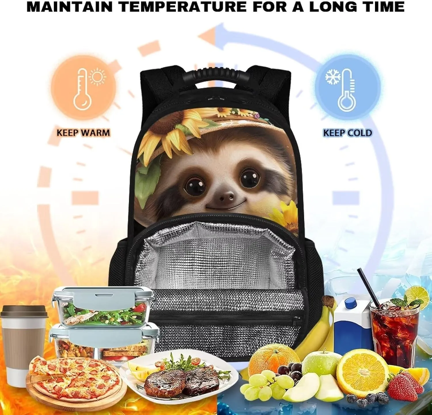 Gomyblomy Kawaii Sloth Cooler Backpack for Women Sunflower Floral Print Laptop Backpack for Travel Leakproof Insulated Lunch Backpack Cooler Lightweight Thermal Bag