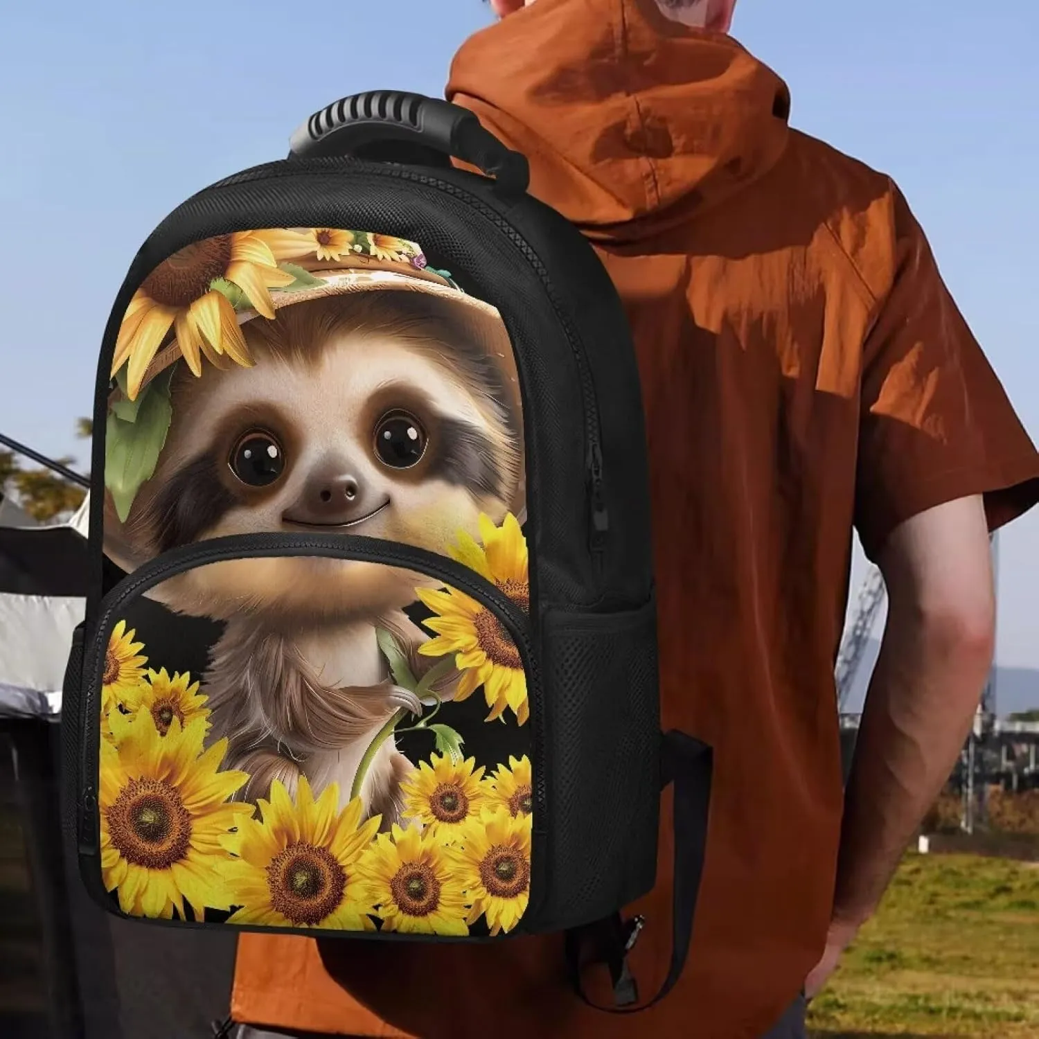 Gomyblomy Kawaii Sloth Cooler Backpack for Women Sunflower Floral Print Laptop Backpack for Travel Leakproof Insulated Lunch Backpack Cooler Lightweight Thermal Bag