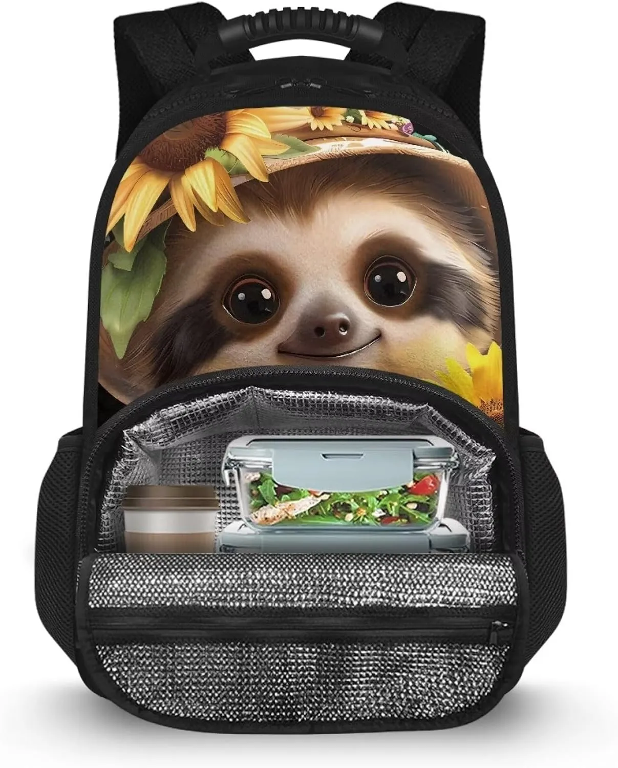 Gomyblomy Kawaii Sloth Cooler Backpack for Women Sunflower Floral Print Laptop Backpack for Travel Leakproof Insulated Lunch Backpack Cooler Lightweight Thermal Bag