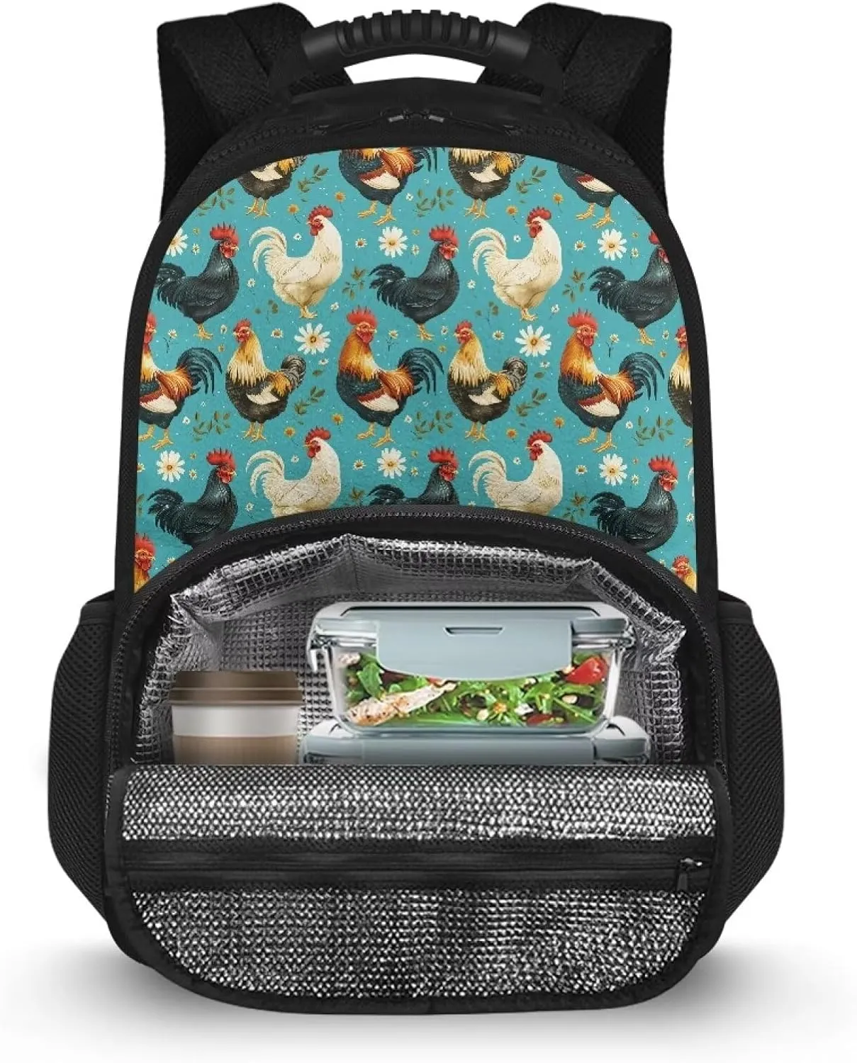 Gomyblomy Lunch Backpack for Women, 17 inch Travel Laptop Backpack with Cooler Compartment, Insulated Camping Cooler Bag Lightweight Thermal Bag, Rooster Chicken Daisy Print