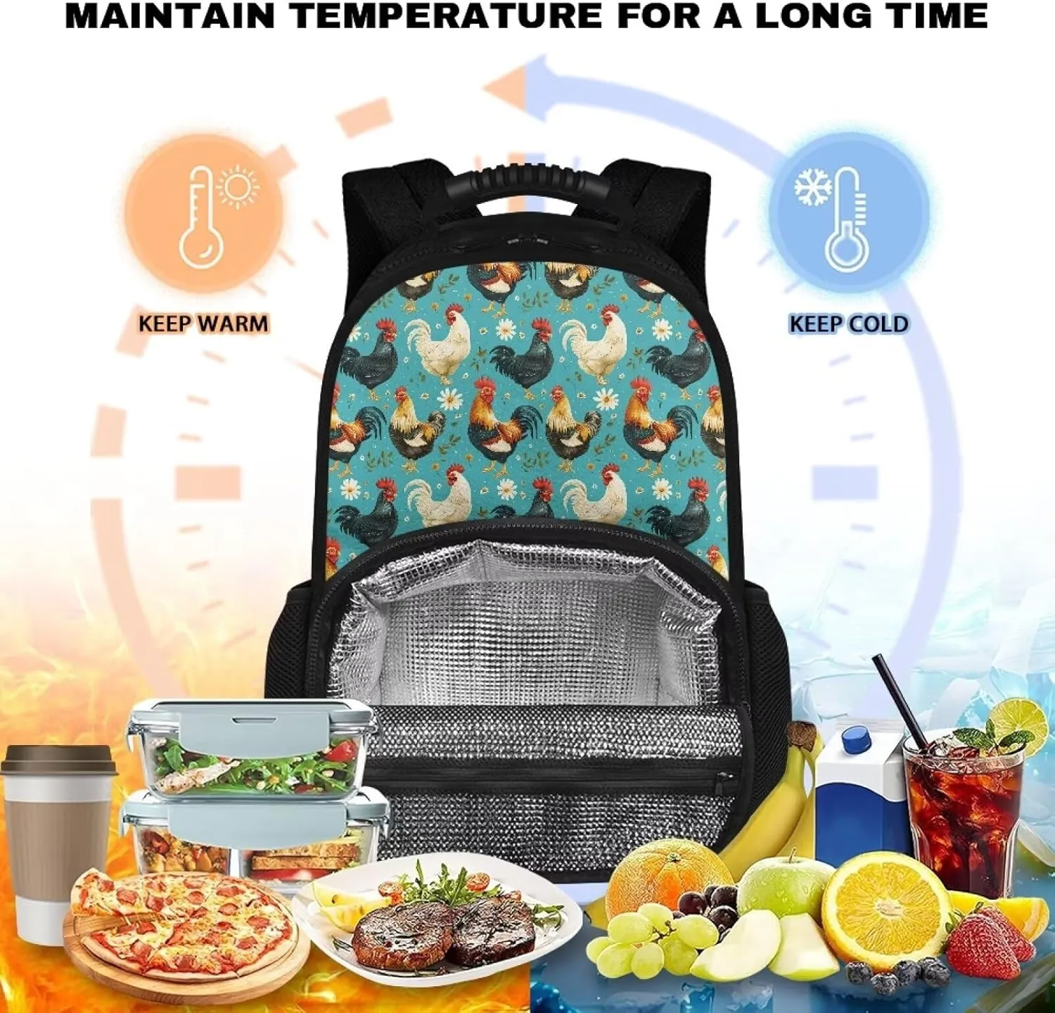 Gomyblomy Lunch Backpack for Women, 17 inch Travel Laptop Backpack with Cooler Compartment, Insulated Camping Cooler Bag Lightweight Thermal Bag, Rooster Chicken Daisy Print