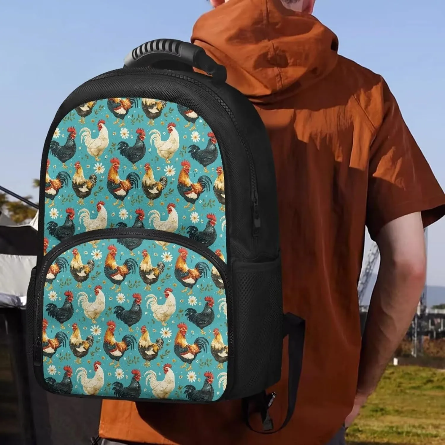 Gomyblomy Lunch Backpack for Women, 17 inch Travel Laptop Backpack with Cooler Compartment, Insulated Camping Cooler Bag Lightweight Thermal Bag, Rooster Chicken Daisy Print