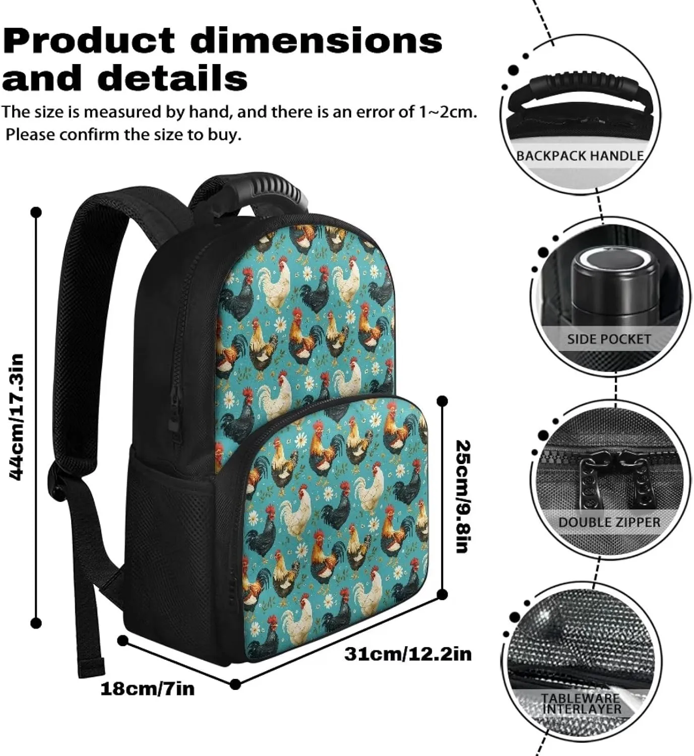 Gomyblomy Lunch Backpack for Women, 17 inch Travel Laptop Backpack with Cooler Compartment, Insulated Camping Cooler Bag Lightweight Thermal Bag, Rooster Chicken Daisy Print