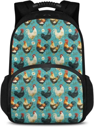 Gomyblomy Lunch Backpack for Women, 17 inch Travel Laptop Backpack with Cooler Compartment, Insulated Camping Cooler Bag Lightweight Thermal Bag, Rooster Chicken Daisy Print