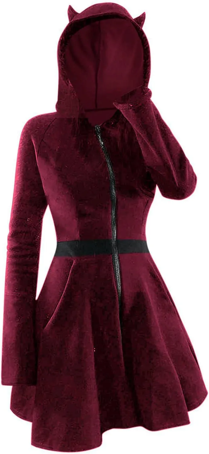 Goth Hoodies for Women Devil Wing Hoodie Long Sleeve Red Horn Sweatshirt Cute Pullover Tops Gothic Sweater
