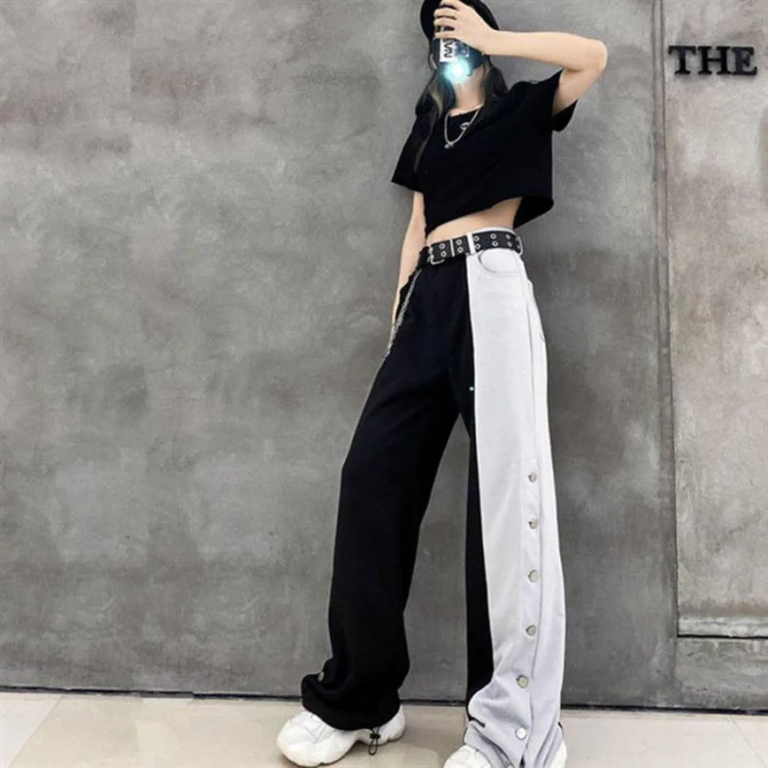 Gothic Pants Women's high Waisted Straight Leg Pants Black and White Color Matching Wide Leg Pants Harajuku Pants