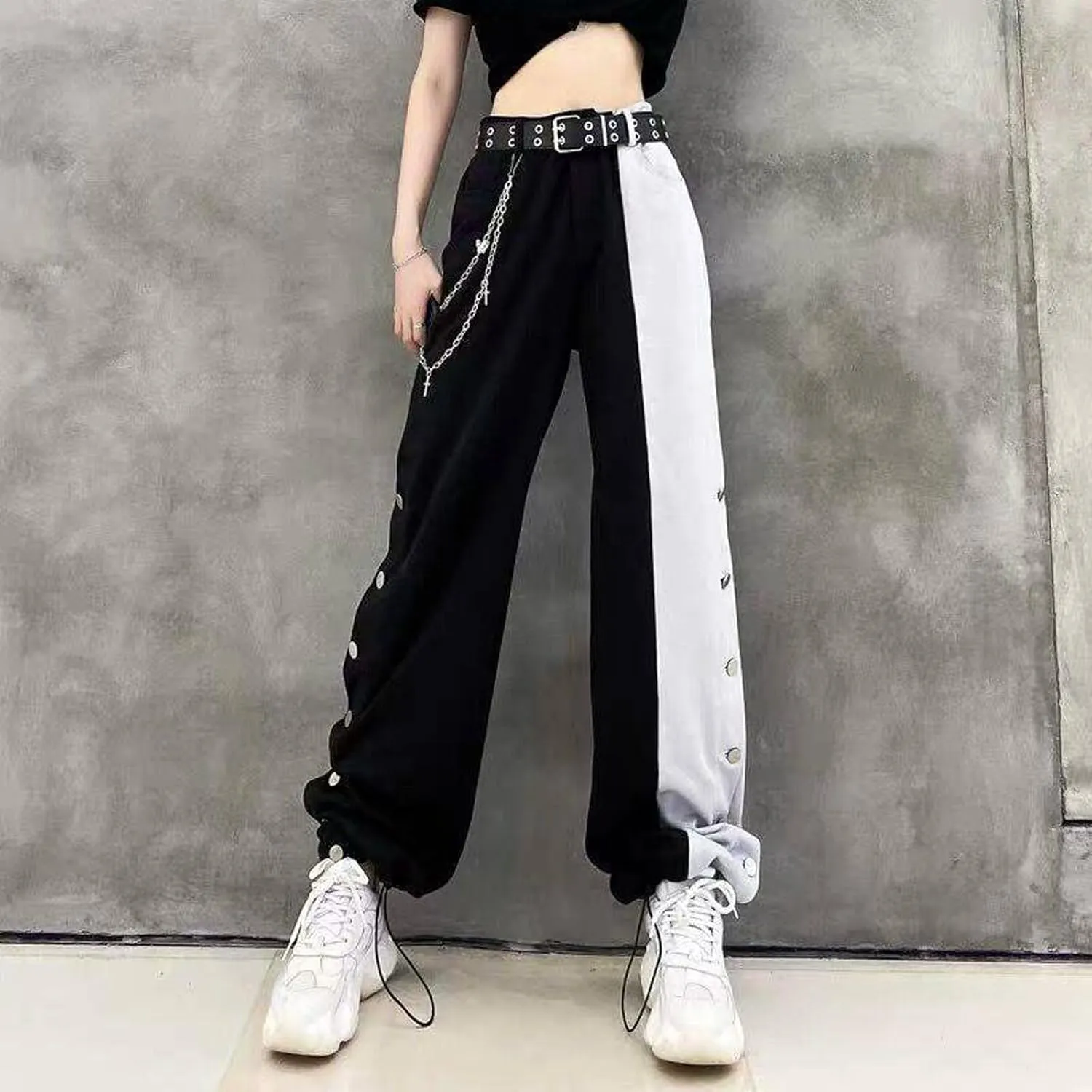 Gothic Pants Women's high Waisted Straight Leg Pants Black and White Color Matching Wide Leg Pants Harajuku Pants