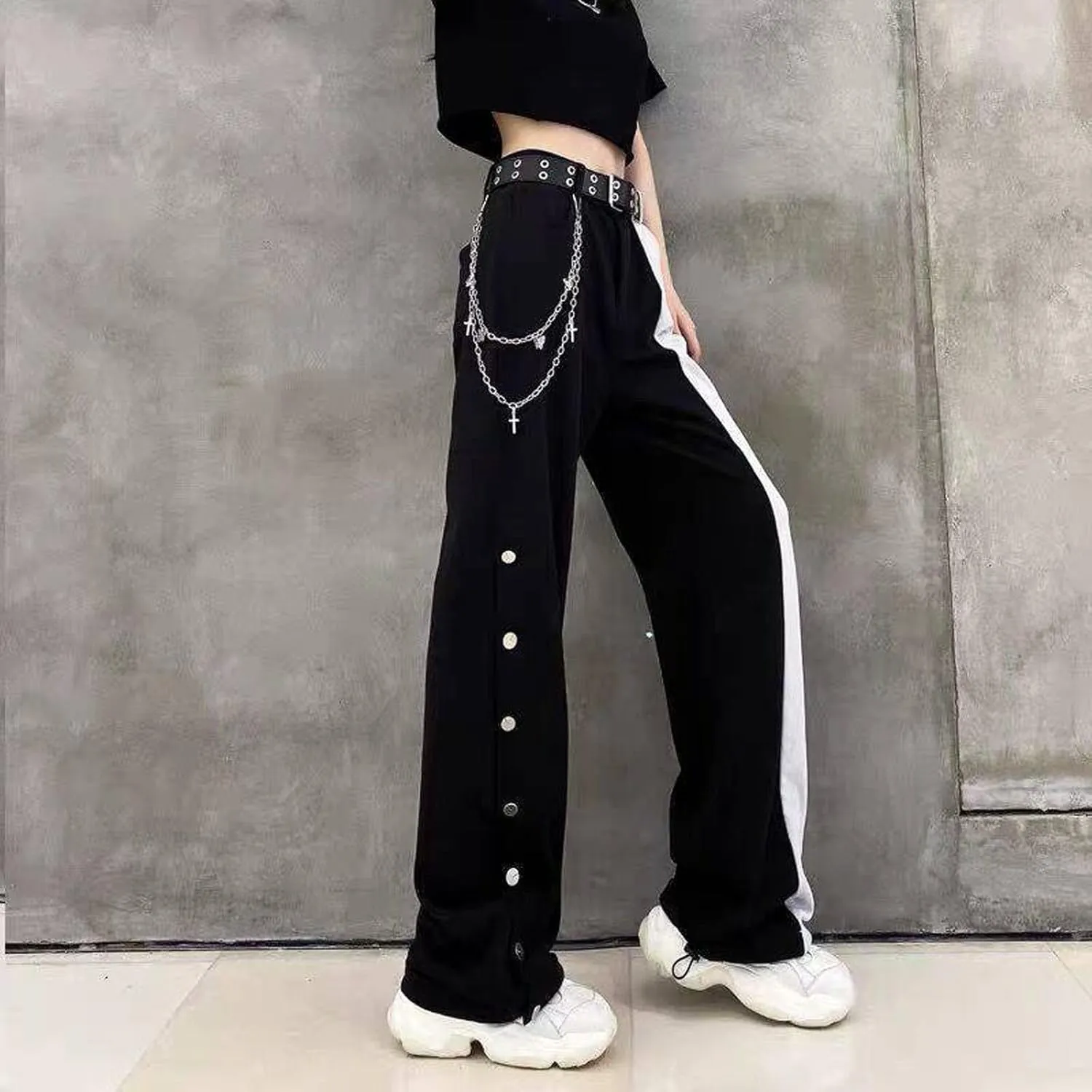 Gothic Pants Women's high Waisted Straight Leg Pants Black and White Color Matching Wide Leg Pants Harajuku Pants