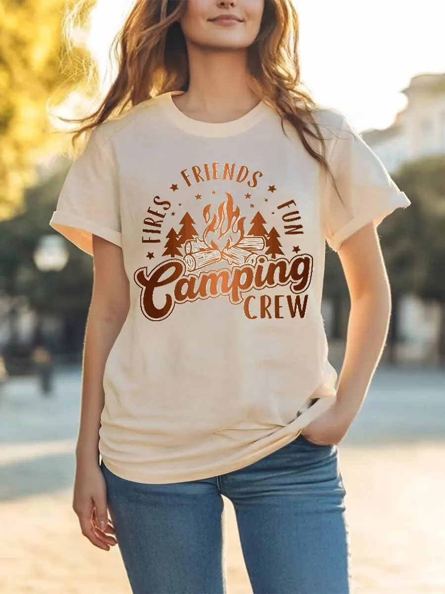 Happy Camp T-Shirt Women Hiking Mountain Adventure Novelty Workout Funny Saying Cute Graphic Athletic Shirt