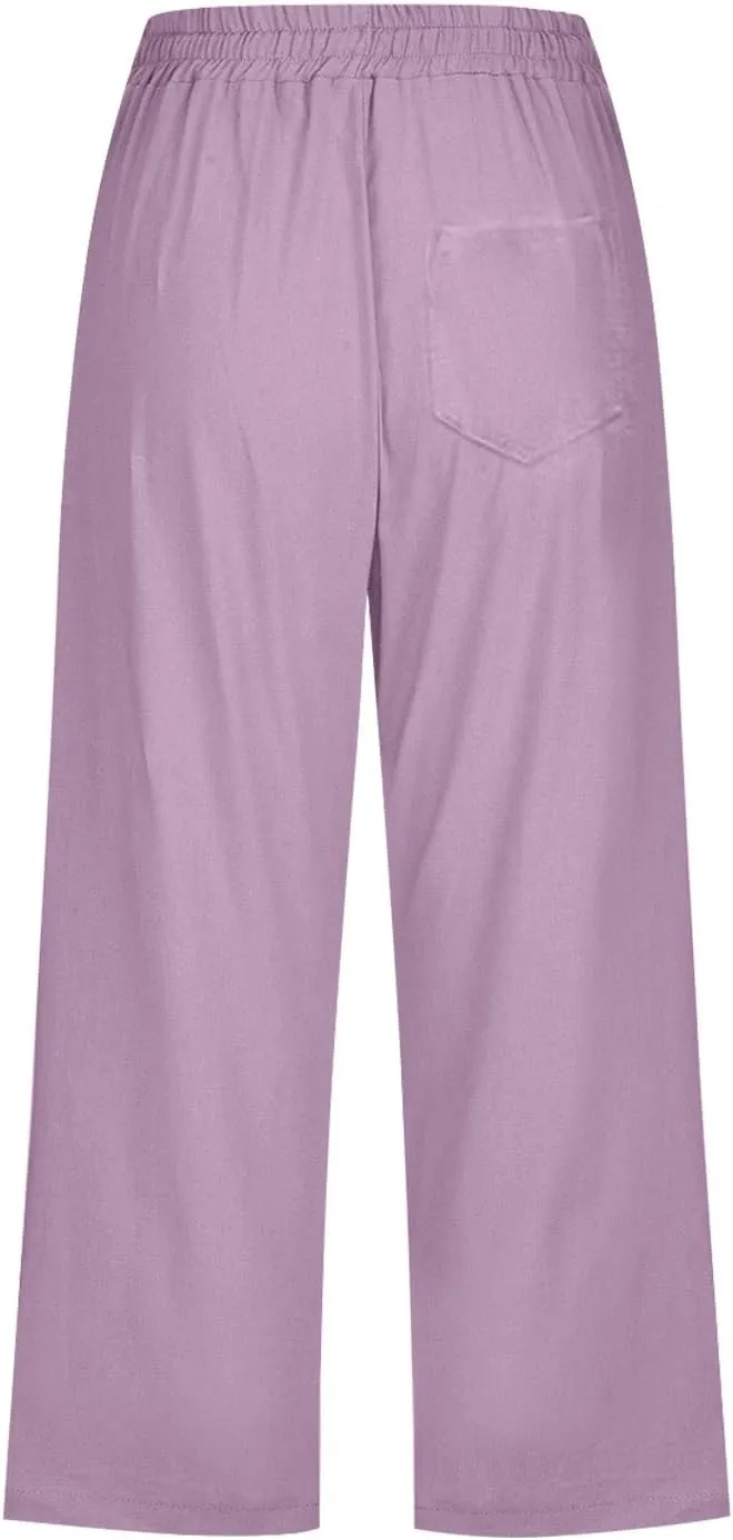 High Waist Cotton Linen Capri Pants for Women Straight Leg Elastic Drawstring 3/4 Shorts Breathable Summer Beach Yoga Pant