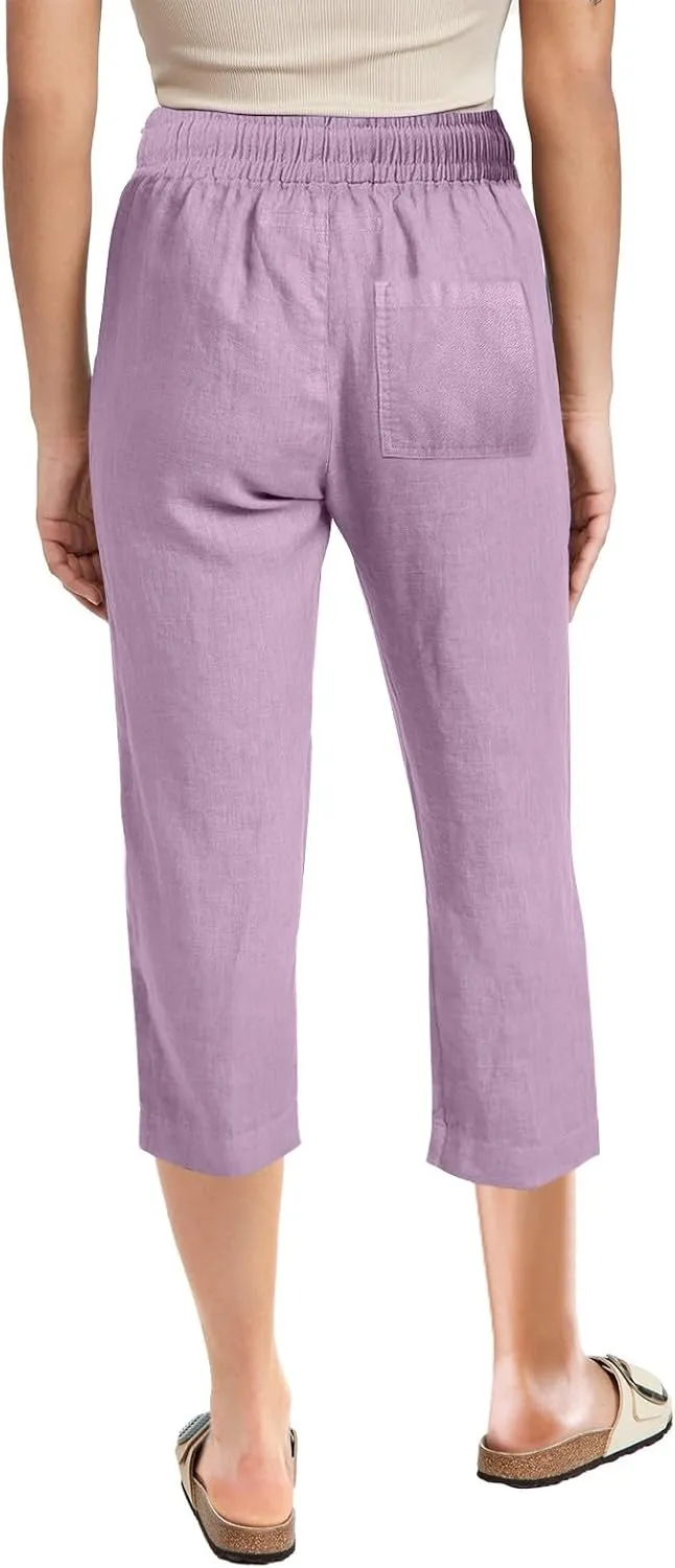 High Waist Cotton Linen Capri Pants for Women Straight Leg Elastic Drawstring 3/4 Shorts Breathable Summer Beach Yoga Pant