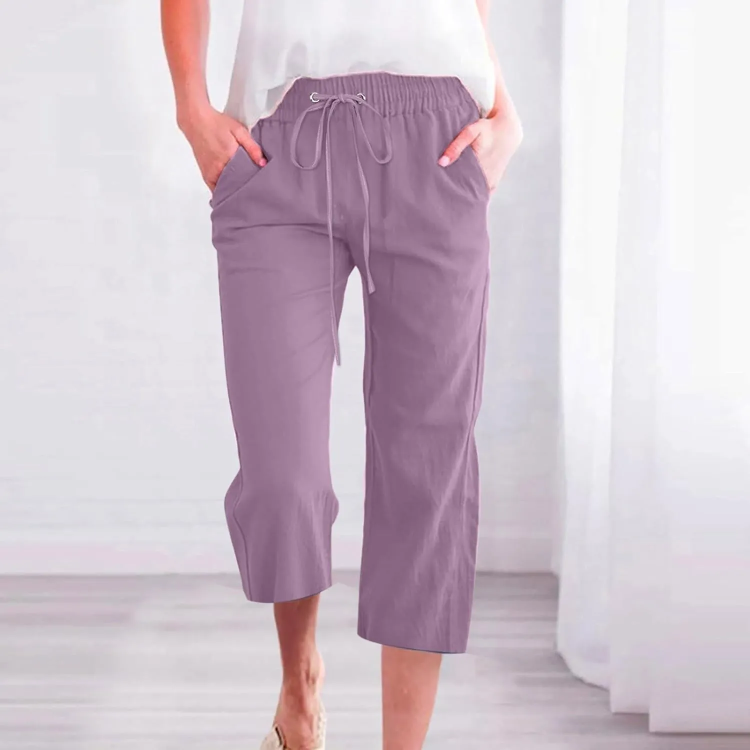 High Waist Cotton Linen Capri Pants for Women Straight Leg Elastic Drawstring 3/4 Shorts Breathable Summer Beach Yoga Pant