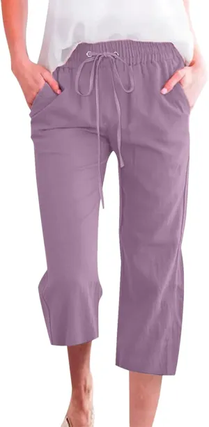 High Waist Cotton Linen Capri Pants for Women Straight Leg Elastic Drawstring 3/4 Shorts Breathable Summer Beach Yoga Pant