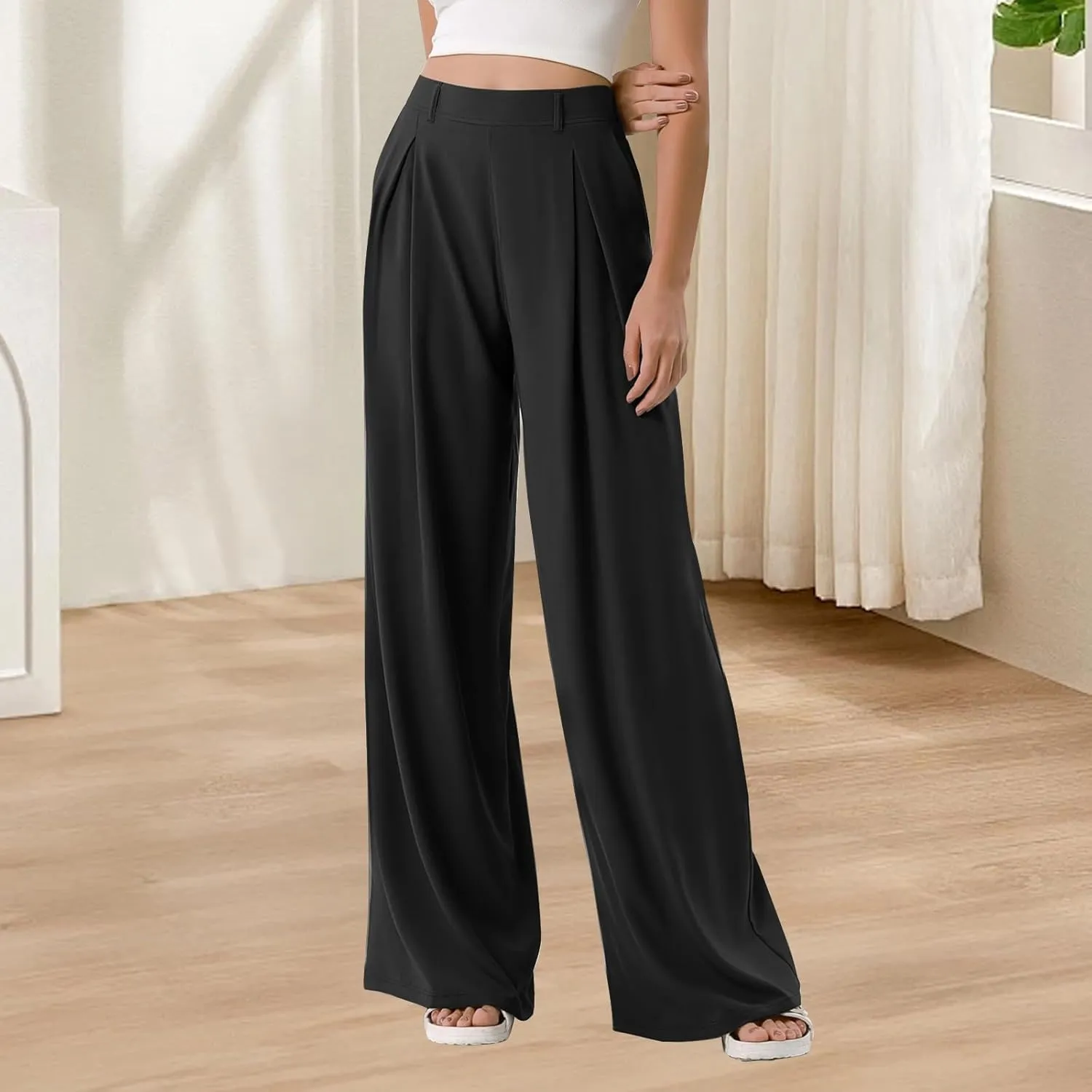 High Waist Flowy Office Work Pants Women with Pleated Elastic Waist Wide Leg Pants Women for Business Casual Slacks