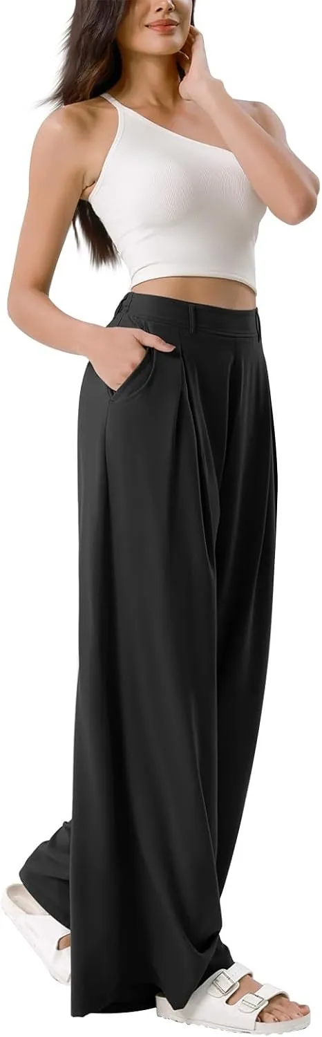 High Waist Flowy Office Work Pants Women with Pleated Elastic Waist Wide Leg Pants Women for Business Casual Slacks