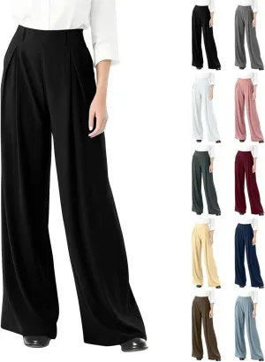 High Waist Flowy Office Work Pants Women with Pleated Elastic Waist Wide Leg Pants Women for Business Casual Slacks