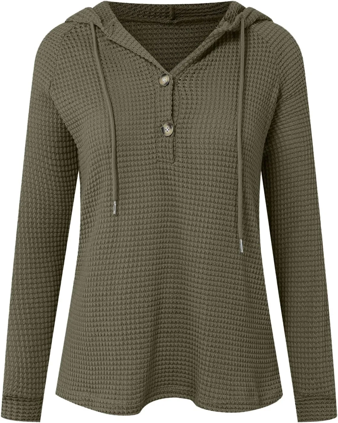 Hoodies for Women Waffle Knit Tops Drawstring Hoodie Casual Button V Neck Long Sleeve Hooded Pullover Sweatshirt