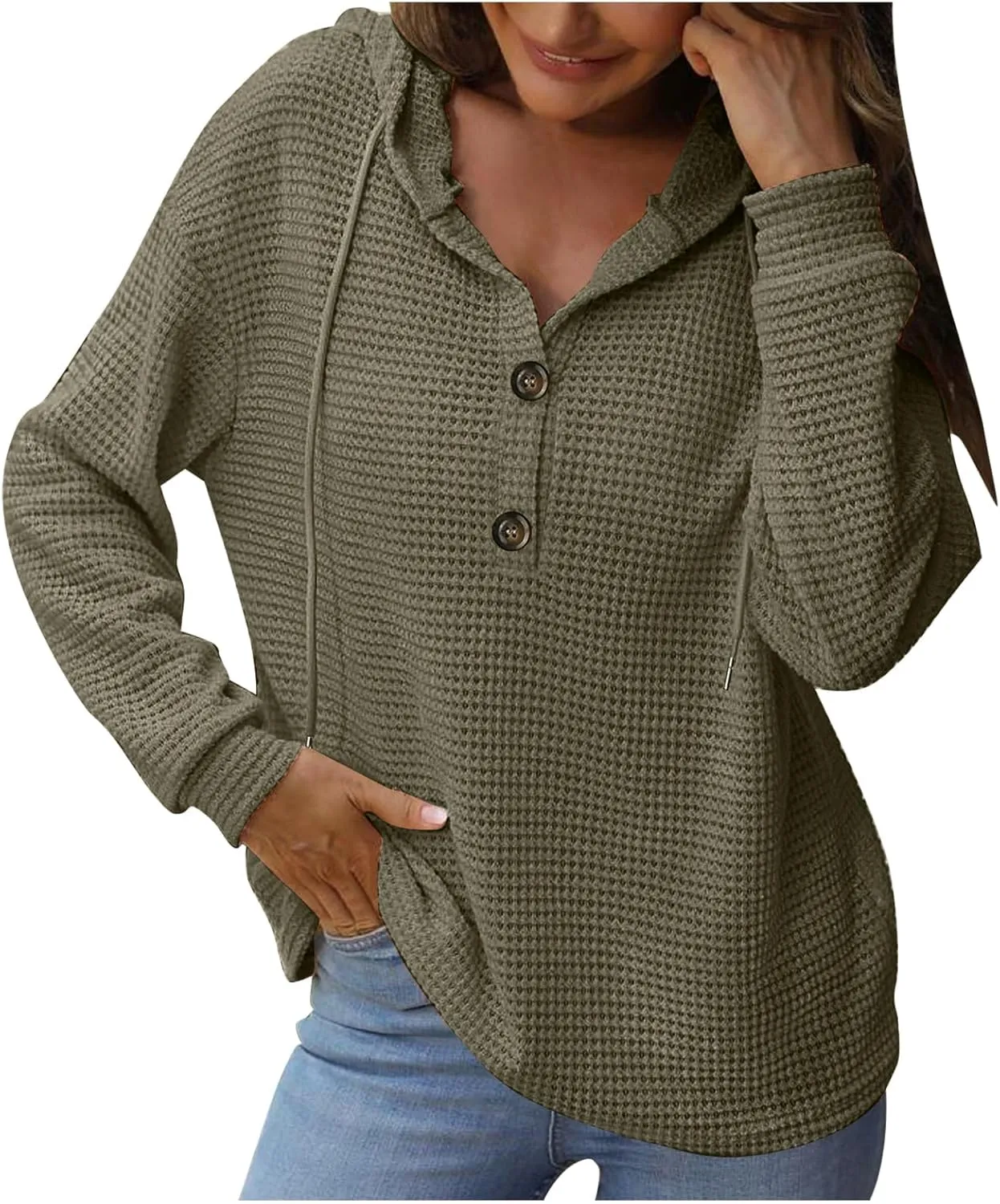 Hoodies for Women Waffle Knit Tops Drawstring Hoodie Casual Button V Neck Long Sleeve Hooded Pullover Sweatshirt
