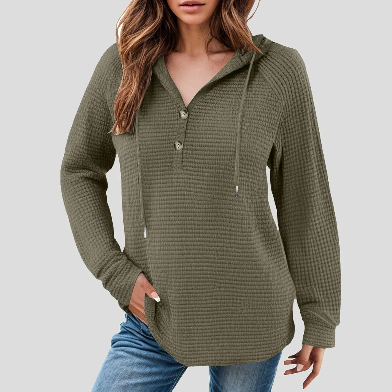 Hoodies for Women Waffle Knit Tops Drawstring Hoodie Casual Button V Neck Long Sleeve Hooded Pullover Sweatshirt