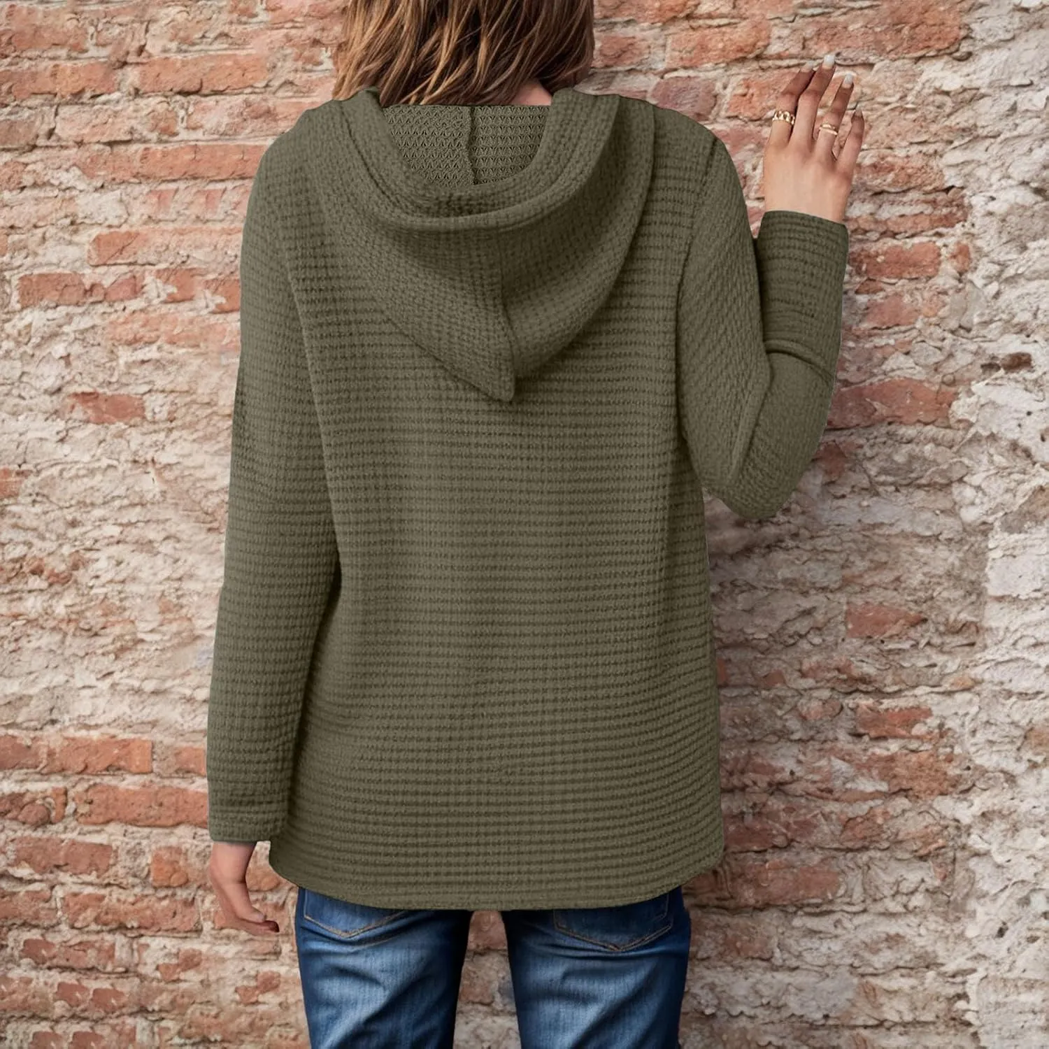 Hoodies for Women Waffle Knit Tops Drawstring Hoodie Casual Button V Neck Long Sleeve Hooded Pullover Sweatshirt
